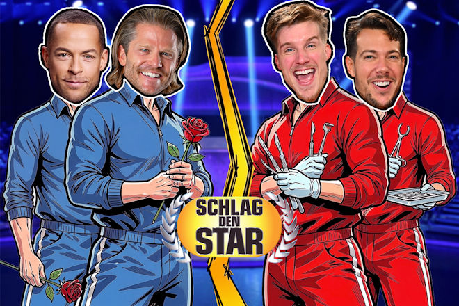 Die Ex-Bachelors Andrej Mangold und Paul Janke treten heute (24.10.2026) bei "Schlag den Star" gegen die Beautydocs Dr. Nick und Dr. Rick an (v.l.n.r.).